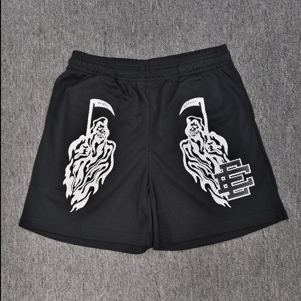Eric Emanuel Black Mesh Shorts with White Reaper Graphics